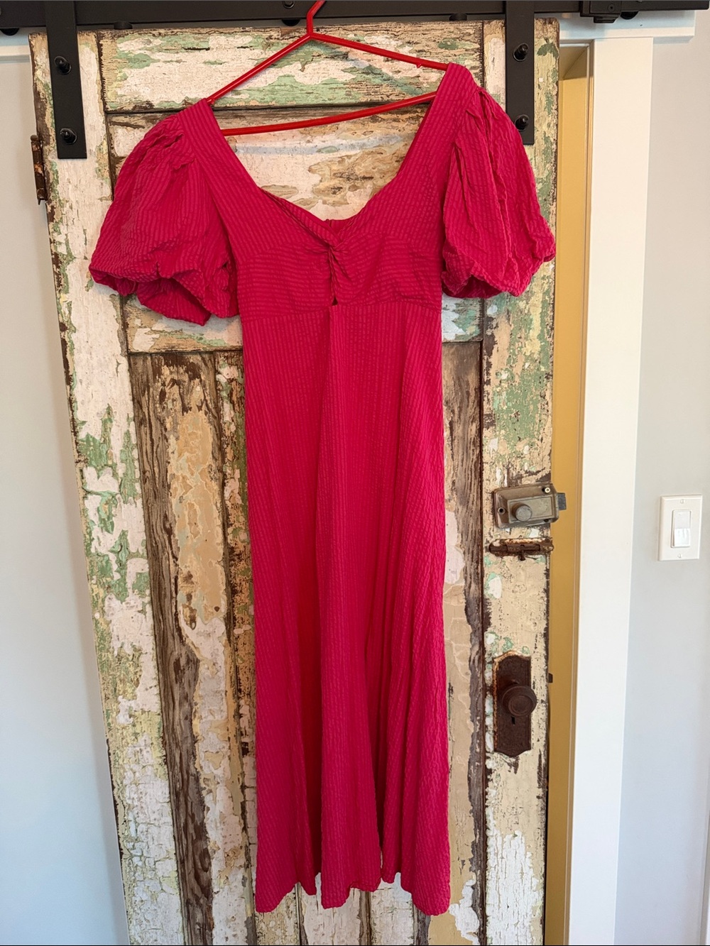 Mango Bright Fuchsia Maxi Dress with Puff Sleeves